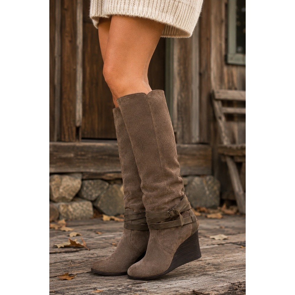 EMU Australia Tarlo Tall Suede Wedge Harness Buckle Boots Mushroom Brown 8